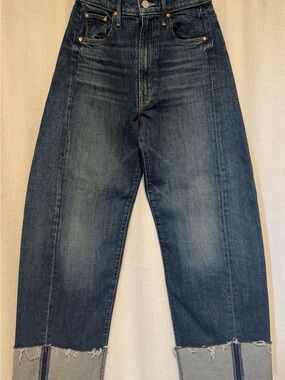MOTHER Men’s Dark Blue Relaxed Wide-Leg Jeans with Raw Hem